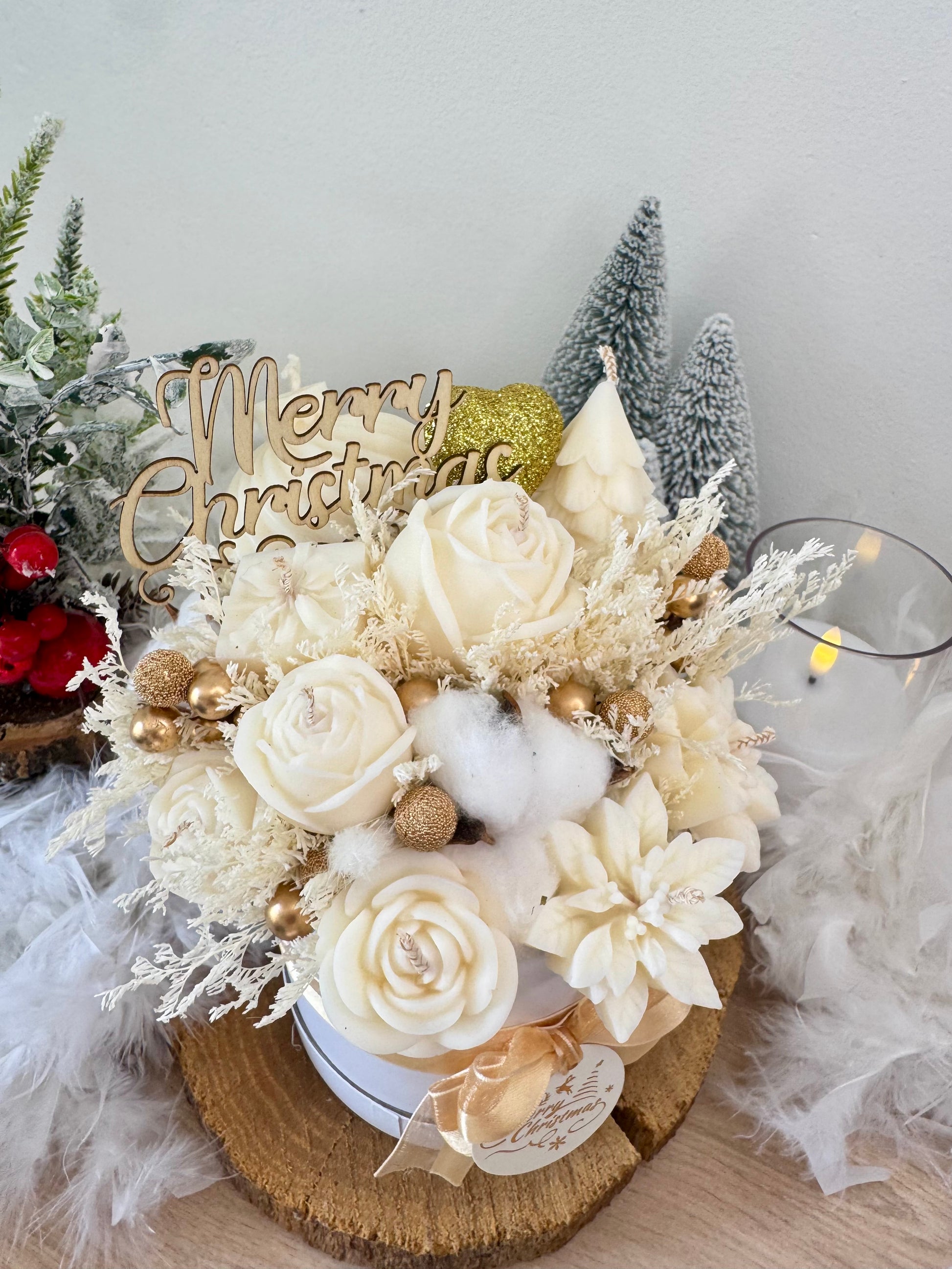 🎁 Bouquet Bougies de Noël – Collection Blanc & Or