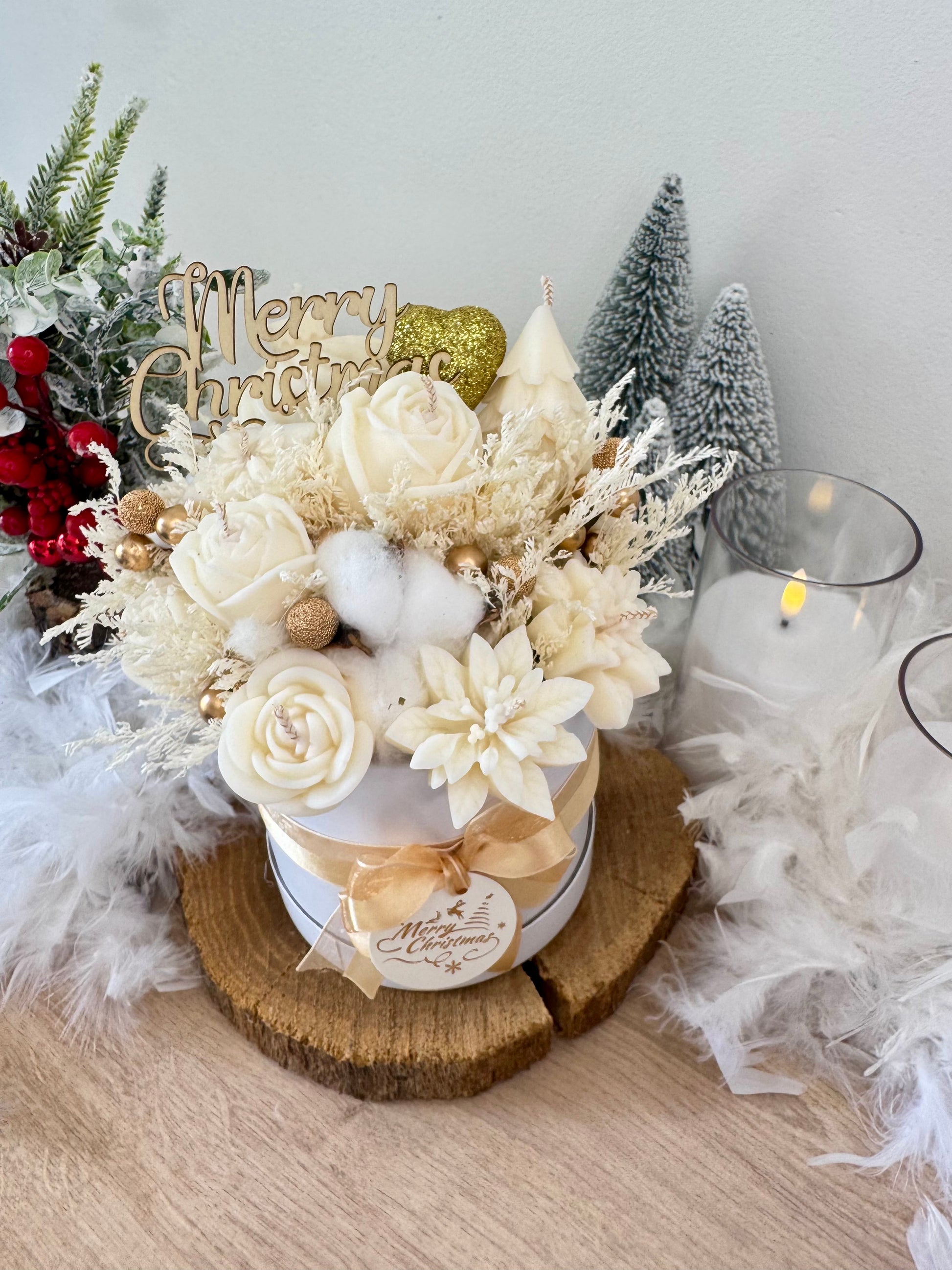 🎁 Bouquet Bougies de Noël – Collection Blanc & Or